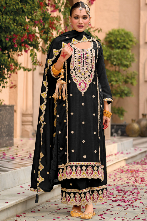 Black Chinnon Straight Pant Suit with Zari Work for Diwali Wear