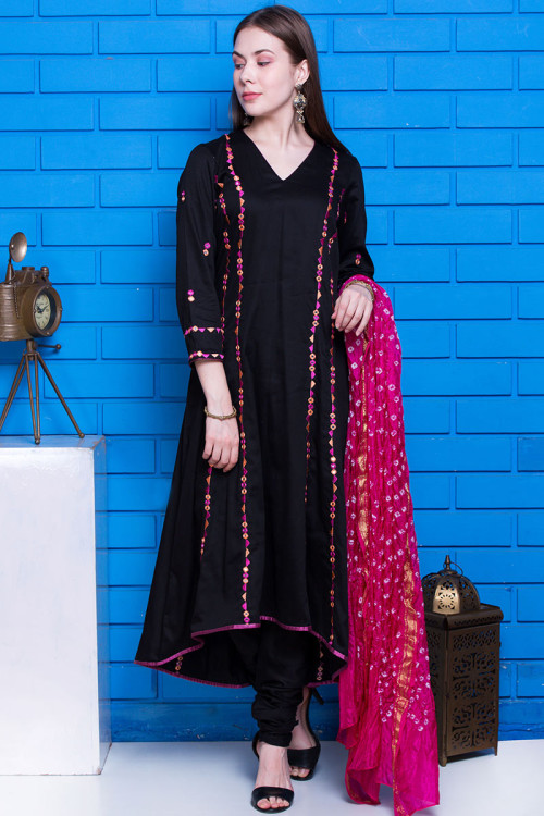 Black Cotton Anarkali Suit With Mirror Work