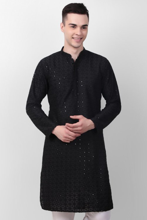 Black Cotton Chikankari Embroidered Straight Cut Men's Kurta