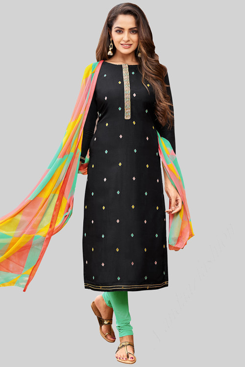 Churidar Suit for Party Wear in Cotton Black with Resham Work