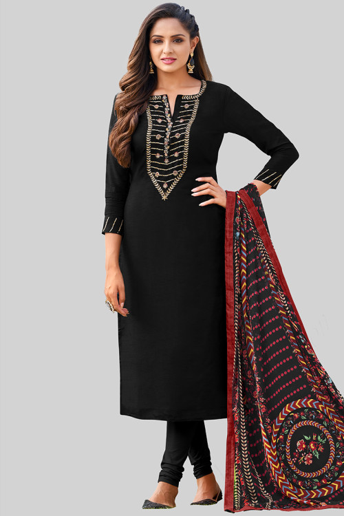 Black Cotton Churidar Churidar Suit with Beads embroidery