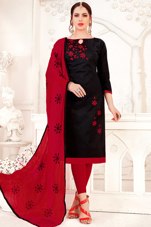 Black Cotton Embroidered Casual Wear Legging Suit