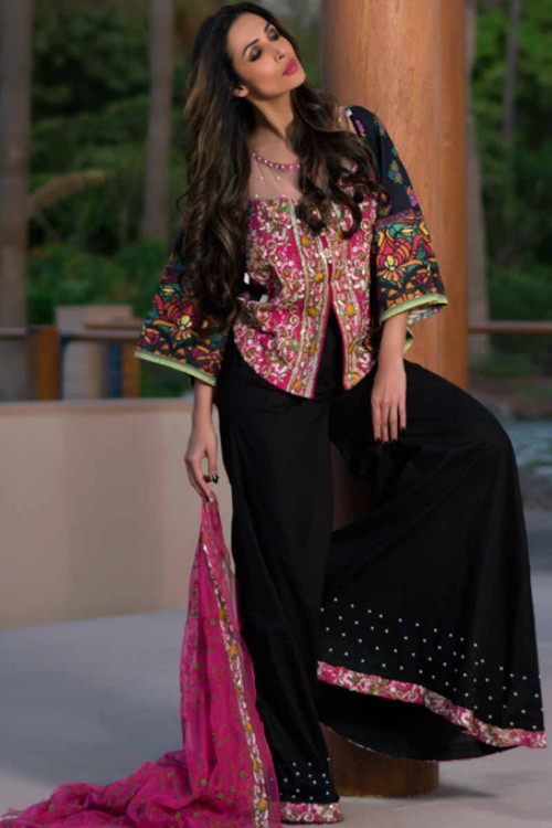 Black Cotton Embroidered Palazzo Pant Suit