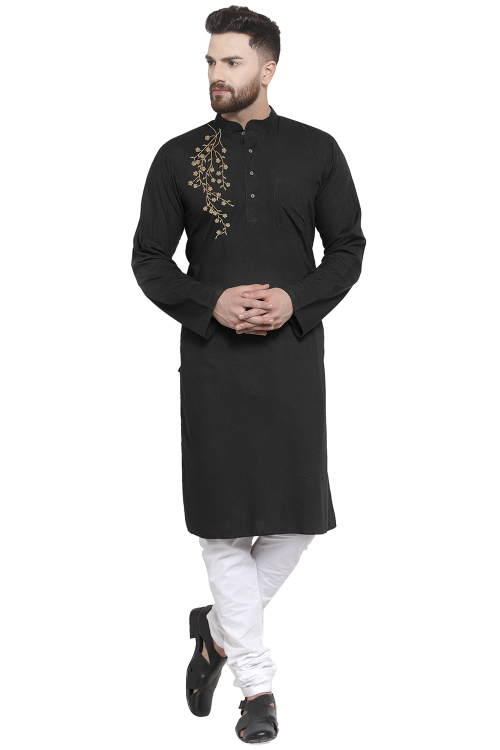 Black Cotton Embroidered Straight Cut Men's Kurta Churidar