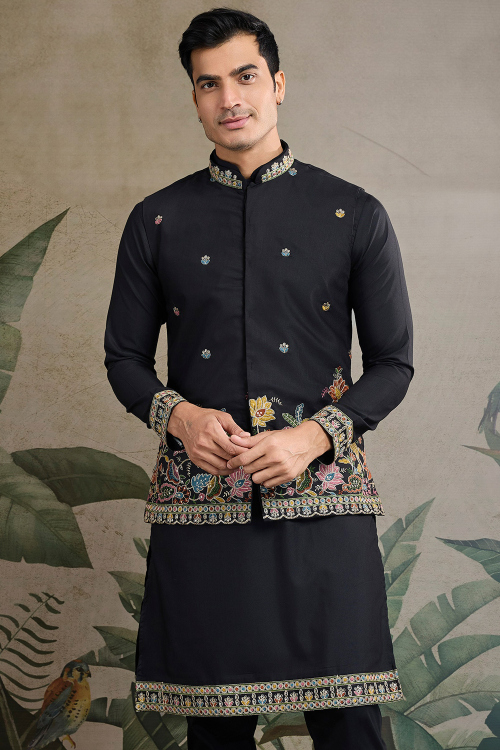 Black Cotton Embroidered Straight Cut Men's Kurta With Jacket