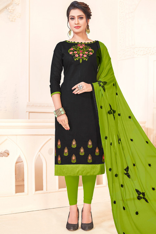 Black Cotton Embroidered Straight Cut Suit