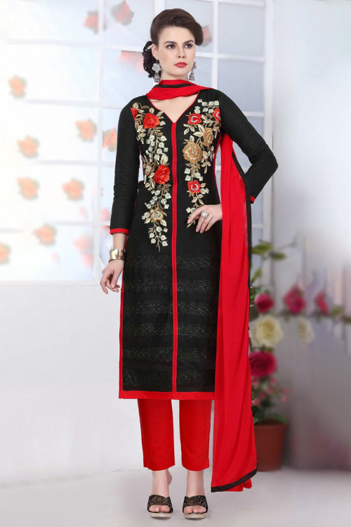 Black Cotton Embroidered Straight Cut Trouser Suit
