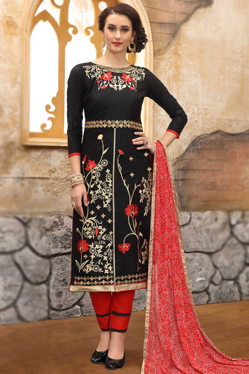 Cotton Black Resham Embroidered Party Wear Trouser Suit