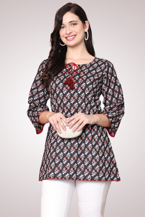 Black Cotton Kurti with Printed Design for New Year Casual Wear