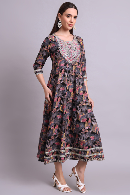 Black Cotton Kurti with Printed Work for Navratri