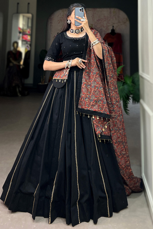 Black Cotton Lace Embroidered Flared Chaniya Choli 