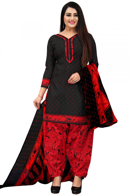 Black Cotton Printed Casual Wear Straight Cut Patiala Suit 