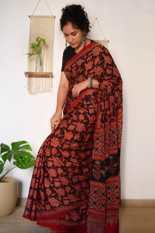 Black Cotton Printed Light Weight Saree