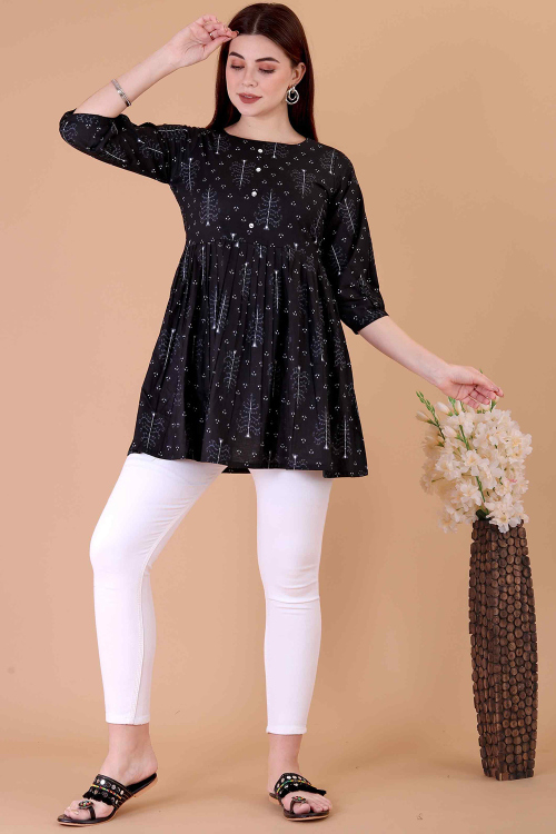 Black Cotton Printed Short Casual Wear Kurti 