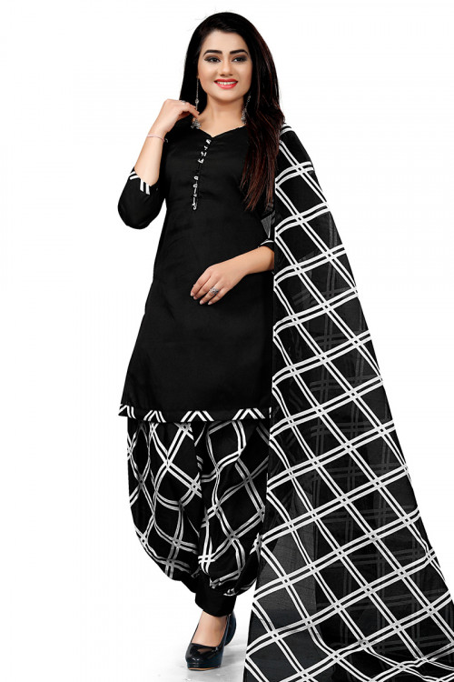 Black Cotton Printed Straight Cut Patiala Suit