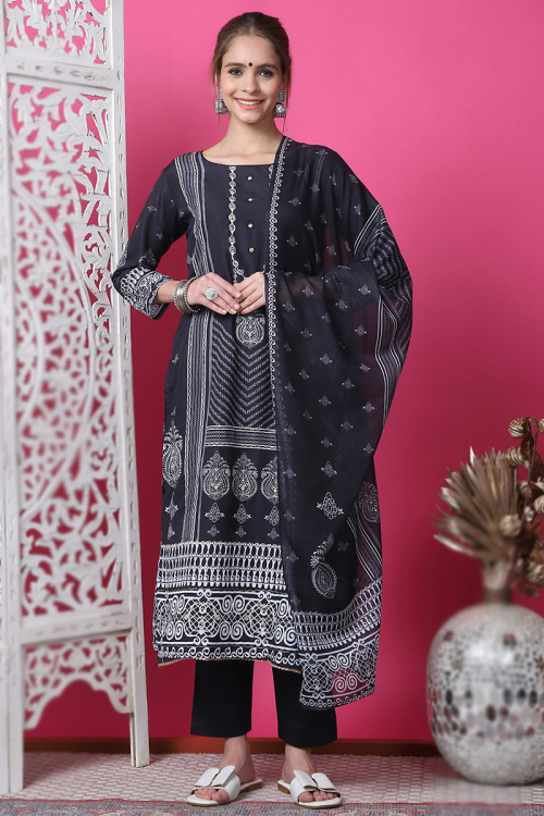 Black Cotton Printed Straight Cut Trouser Suit with Dupatta
