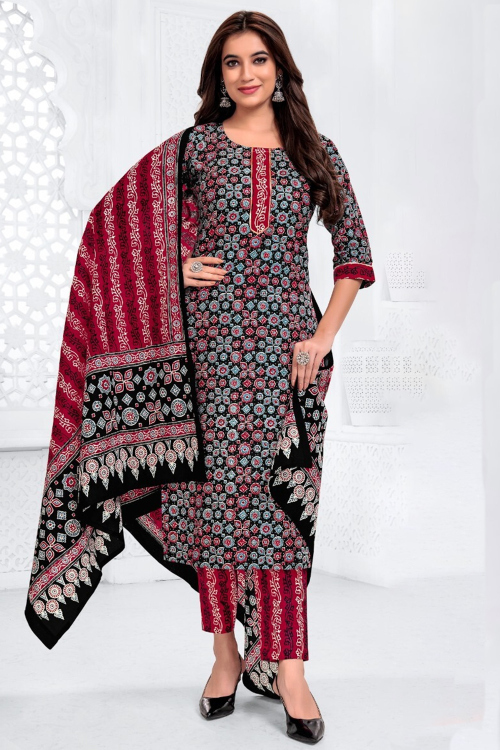 Black Cotton Printed Ready Made Straight Cut Trouser Suit