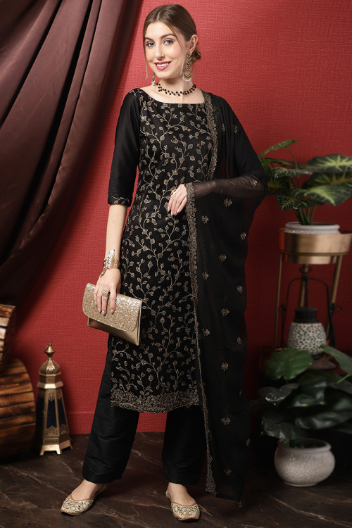 Black Cotton Rayon Embroidered Straight Cut Trouser Suit 