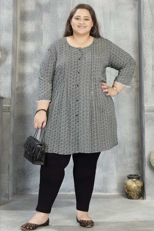Black Cotton Rayon Kurti With Printed Work For Casual Wear