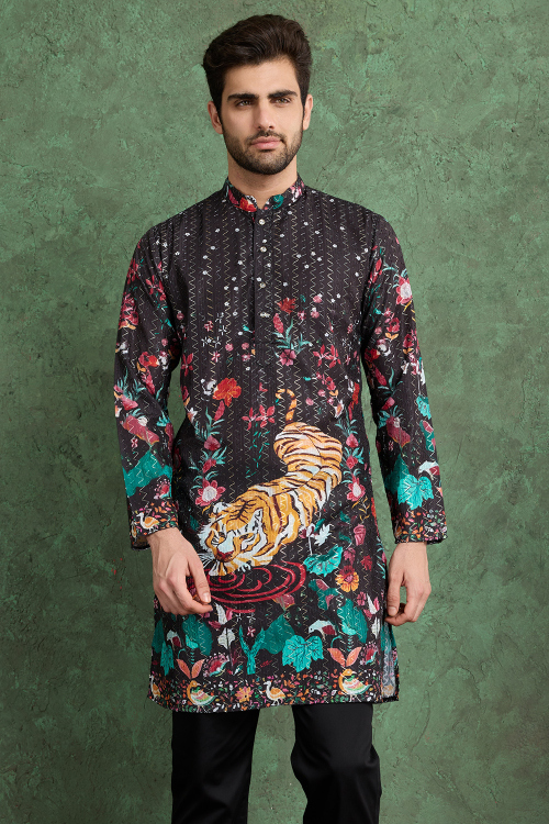 Black Cotton Rayon Men's Kurta With Zari Work For Festival