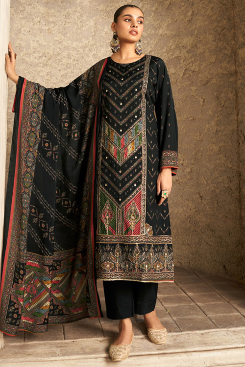 Black Cotton Rayon Printed Straight Pant Suit 