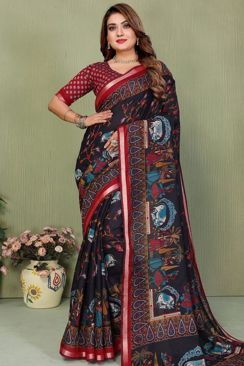 Black Cotton Saree With Printed Work for Festival