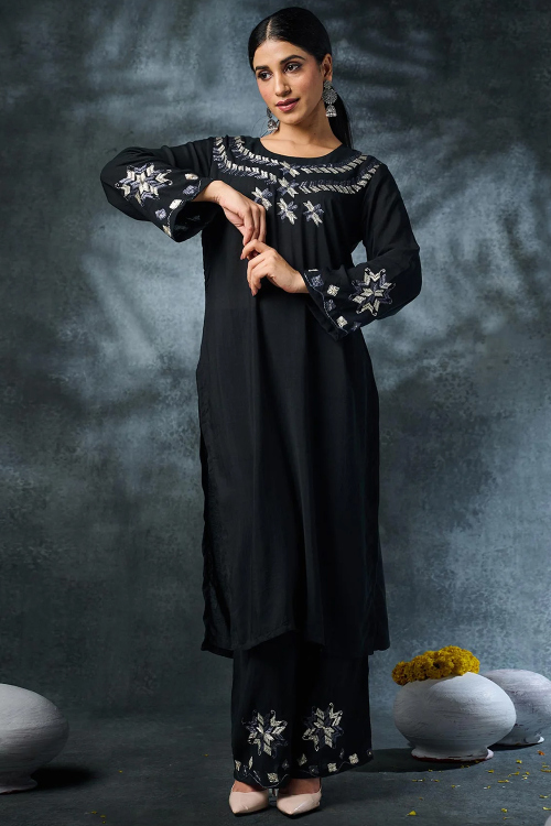Black Cotton Silk Ready Made Trouser Suit with Sequins Work
