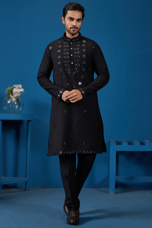 Black Cotton Silk Embroidered Men's Kurta Pajama 