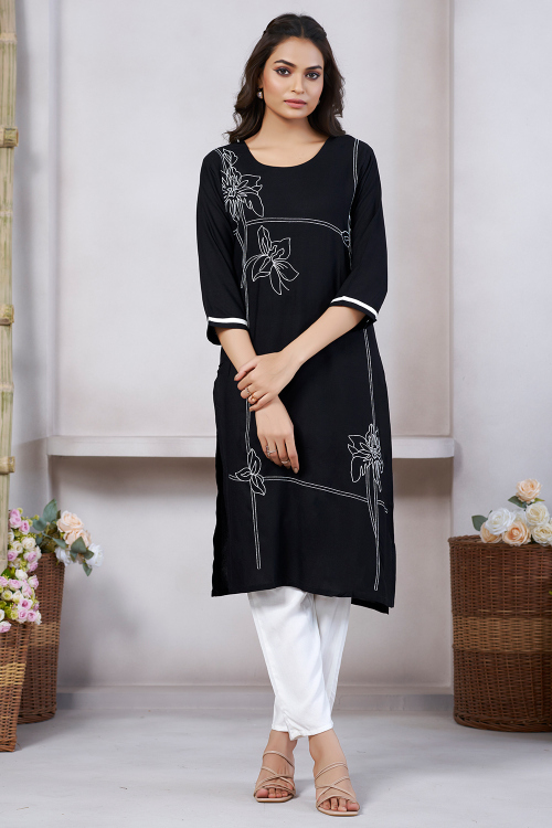 Black Cotton Silk Kurti With Resham Thread Work