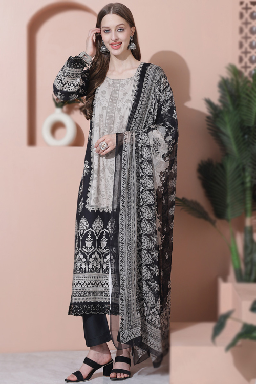 Black Cotton Silk Printed Casual Wear Straight Cut Trouser Suit 