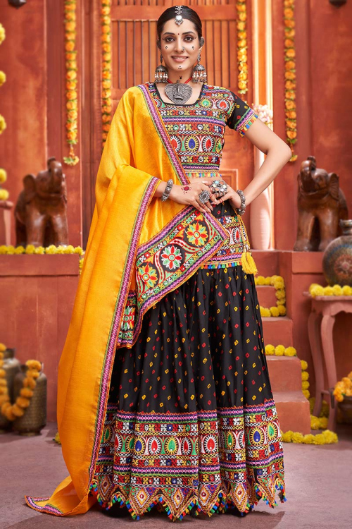 Lehenga in Cotton Silk Black with Resham Embroidery for Party 