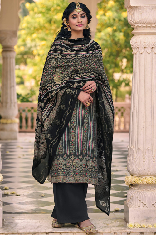 Black Cotton Silk Resham Thread Embroidered Palazzo Suit