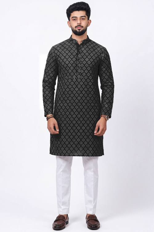 Black Cotton Silk Sequins Embroidered Men&#039;s Kurta Pajama