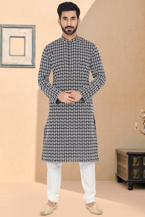 Black Cotton Silk Straight Cut Men Kurta Churidar