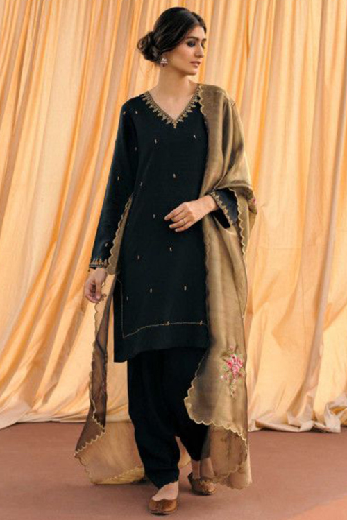 Bottle Green Cotton Silk Straight Cut Pakistani Patiala Salwar Kameez