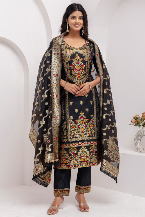 Black Cotton Silk Straight Cut Trouser Suit With Weaved Work 