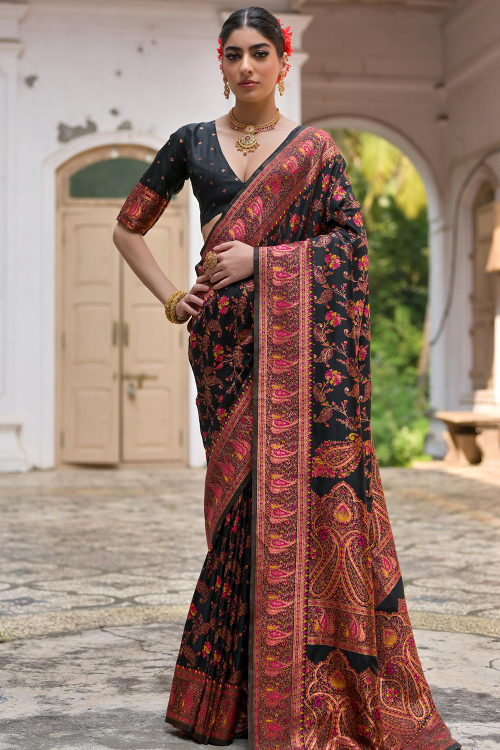 Black Cotton Silk Weaved Broad Border Saree 