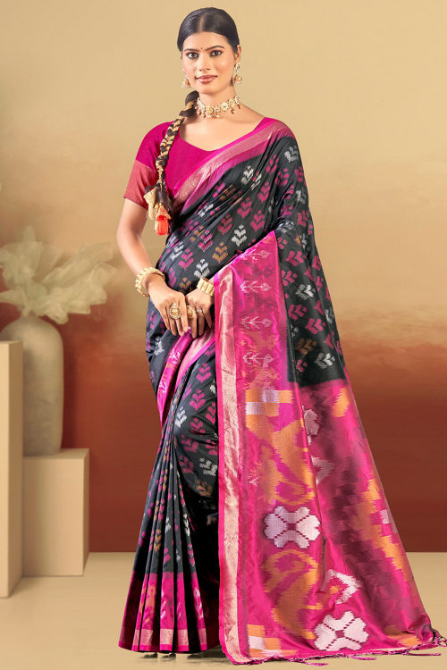Black Cotton Silk Weaved Broad Border Saree