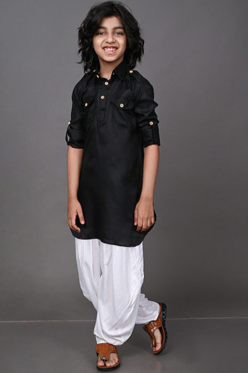 Black Cotton Straight Cut Kid's Kurta Pajama