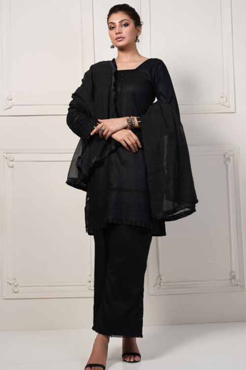 Black Cotton Straight Cut Plain Trouser Suit for Eid