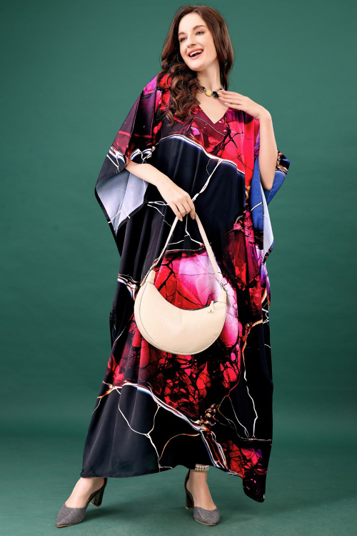 Black Crepe Kaftan With Printed Work For Casual Wear