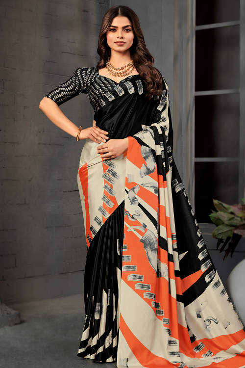 Black Crepe Light Weight Saree With Printed Work