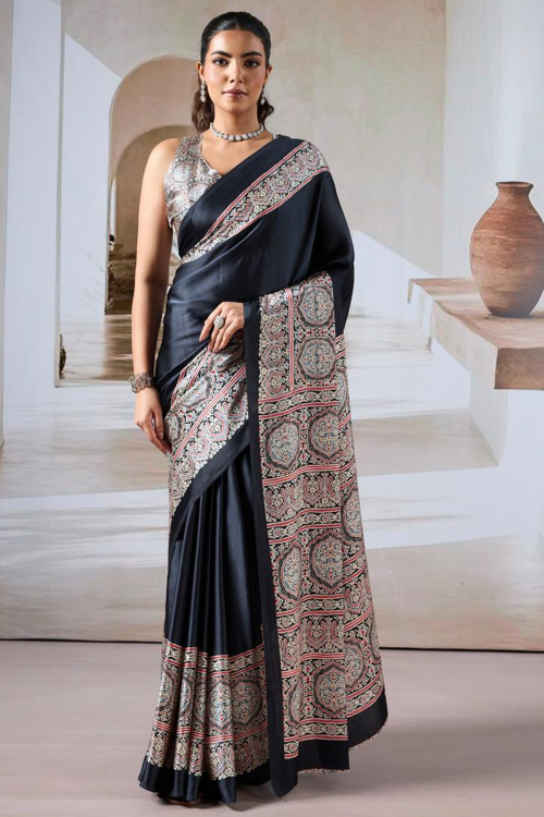 Black Crepe Printed Broad Border Saree 