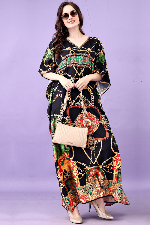 Black Crepe Printed Casual Wear Kaftan