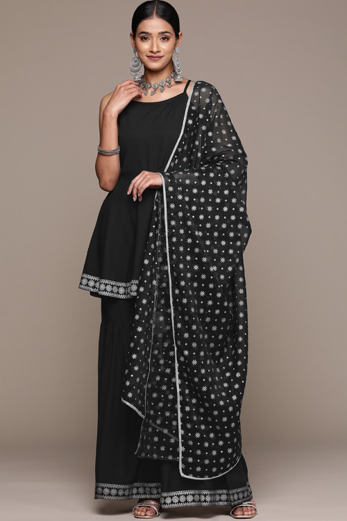 Black Crepe Printed Lace Sharara Suit