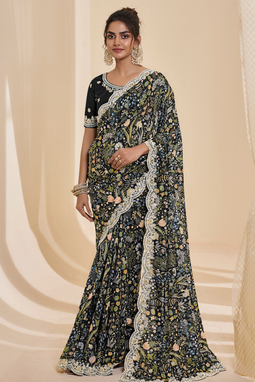 Floral Printed Black Saree with White Lace Border and Blouse