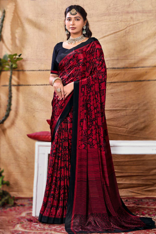 Black Crepe Saree With Printed Work For Casual Wear