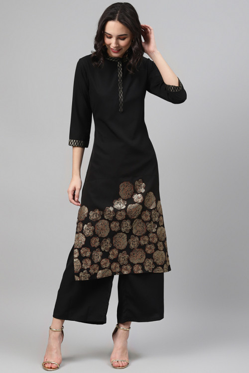 Black Straight Cut Crepe Kurti for Party 