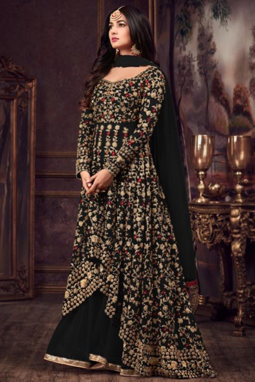Black Dori Embroidered Net High And Low Anarkali Suit