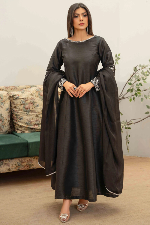 Black Dupion Silk Anarkali Suit with Zari Work for Diwali